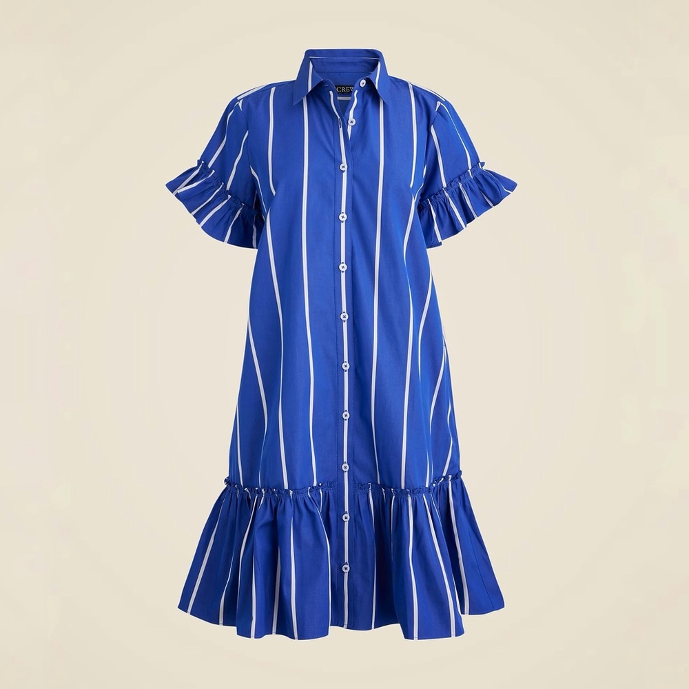 J. Crew Amelia Button Front Shirt-Dress in Stripe Cotton Poplin Blue & White